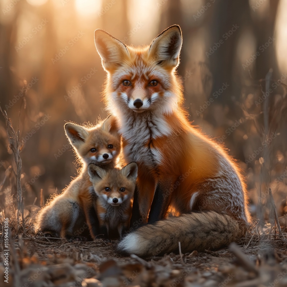 Red Fox Mother and Two Kits in Sunset Glow Red Fox Mother and Two Kits in Sunset Glow