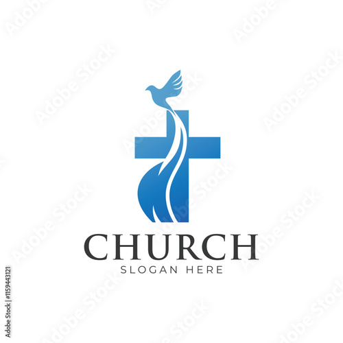 Christian Cross Church logo design vector illustration. cross logo with leaves around it