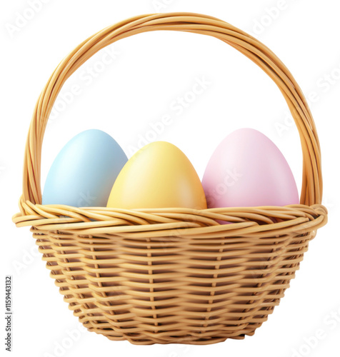 PNG A woven basket containing three colorful eggs: blue, yellow, and pink, showcasing a festive and playful appearance. photo