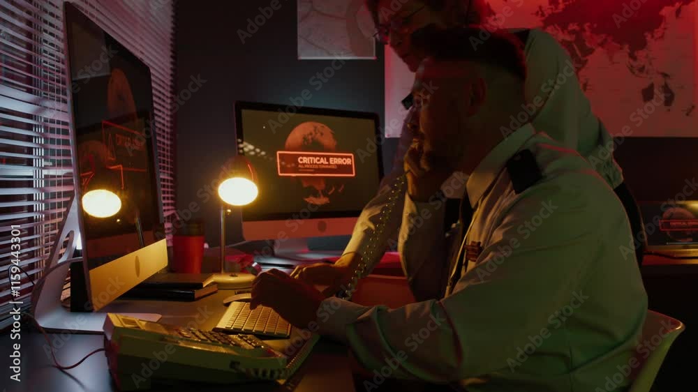 Medium side shot of male military officer in uniform sitting at desk, panicking, calling commander during IT systems failure or hacker attack at command center, female agent shouting on radio