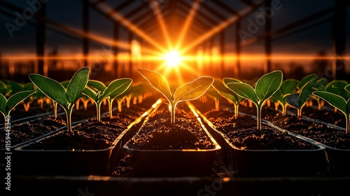 Growing plants, herbs, and seedlings with growth in nature and food production chains. Sustainable business, agro farming, and vegetable development. photo