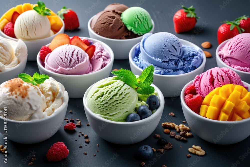 Delicious assortment of ice cream and fruit in vibrant colors. Summer treat collection for celebration or enjoyment. Delicious assortment of ice cream and fruit in vibrant colors. Summer treat collection for celebration or enjoyment.