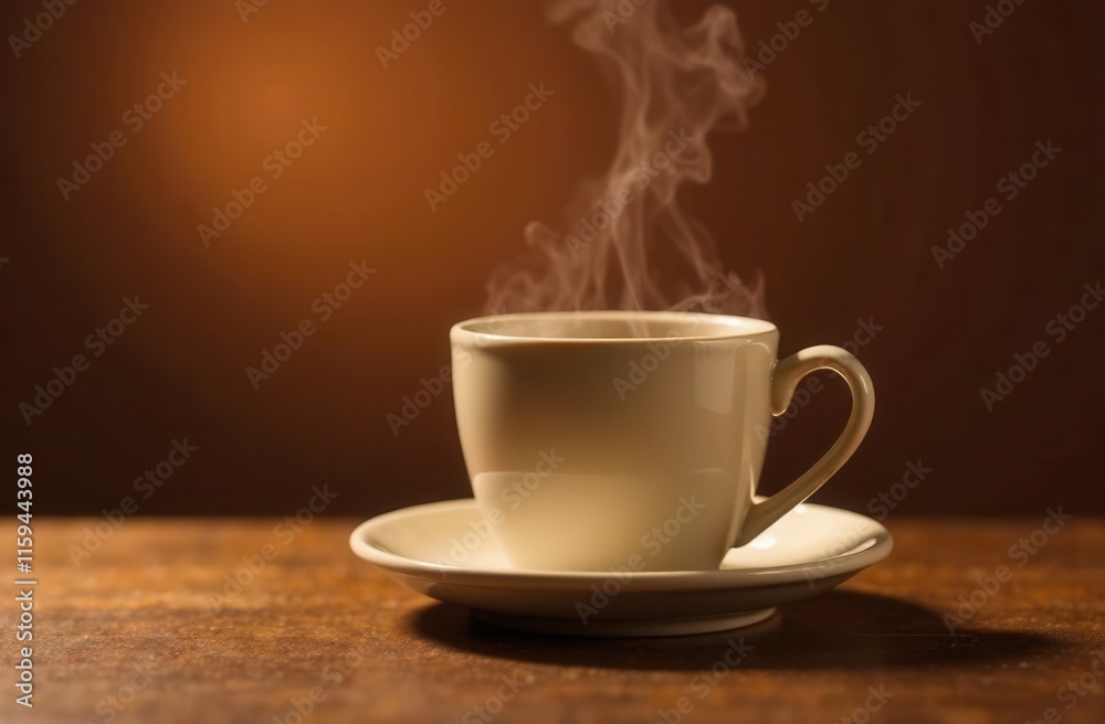 A steaming cup of coffee sits on a saucer on a wooden table A steaming cup of coffee sits on a saucer on a wooden table