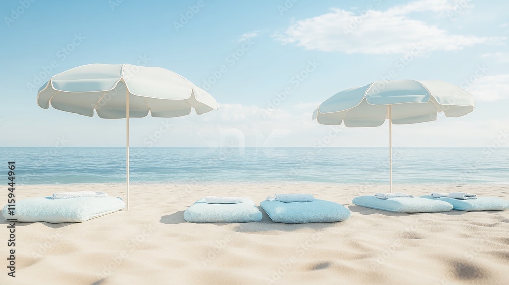 Serene beach scene with umbrellas and cushions. Serene beach scene with umbrellas and cushions.