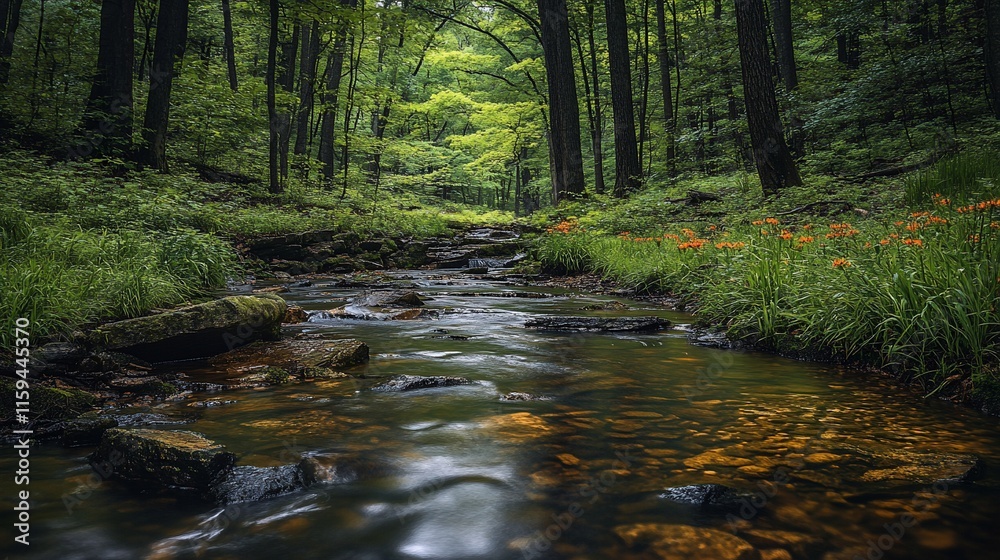 Obraz premium Serene forest stream with orange wildflowers.