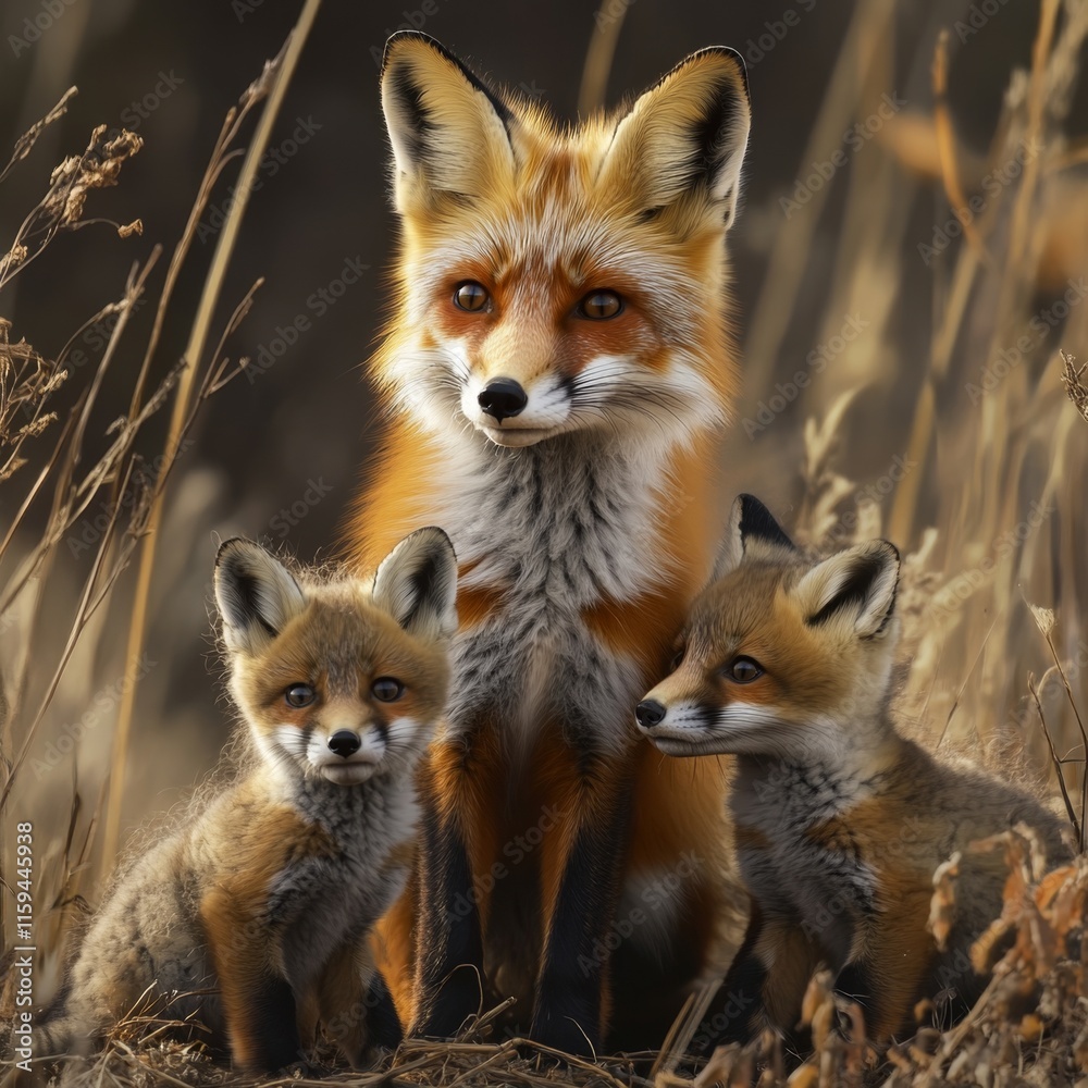 Fototapeta premium Red Fox Family in Autumn Grassland Habitat