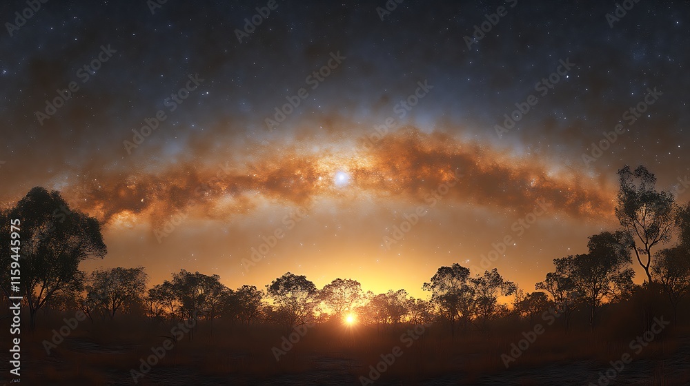 Sunset with nebula and starry sky over silhouetted trees. Sunset with nebula and starry sky over silhouetted trees.