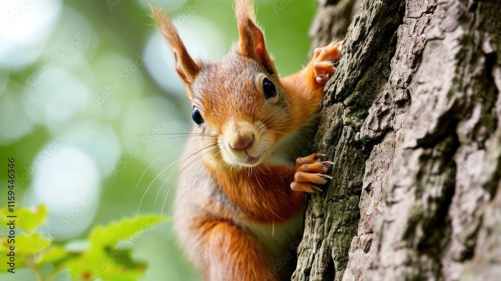 Sweet and cute small squirrel looking out from behind a tree trunk in the forest. Sweet and cute small squirrel looking out from behind a tree trunk in the forest.