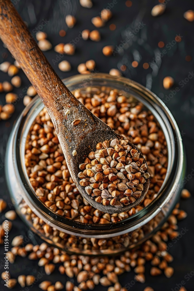 Close up of a glass jar containing quinoa seeds, with a wooden spoon for serving.