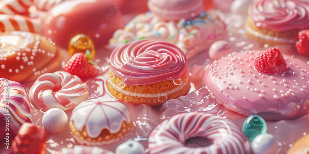 An artistic food photograph of a delicious dessert featuring colorful candy and sweet ice cream on pink ice cream, with a focus on the variety of flavors and textures. An artistic food photograph of a delicious dessert featuring colorful candy and sweet ice cream on pink ice cream, with a focus on the variety of flavors and textures.
