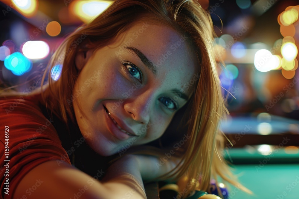 Fototapeta premium Pretty young woman enjoying drinks, pool table in background.