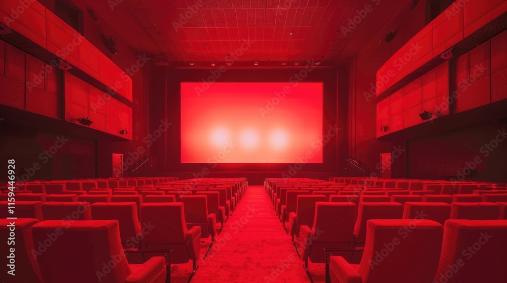 Obraz premium The interior of a theater with red lighting and empty seats, waiting for an audience.