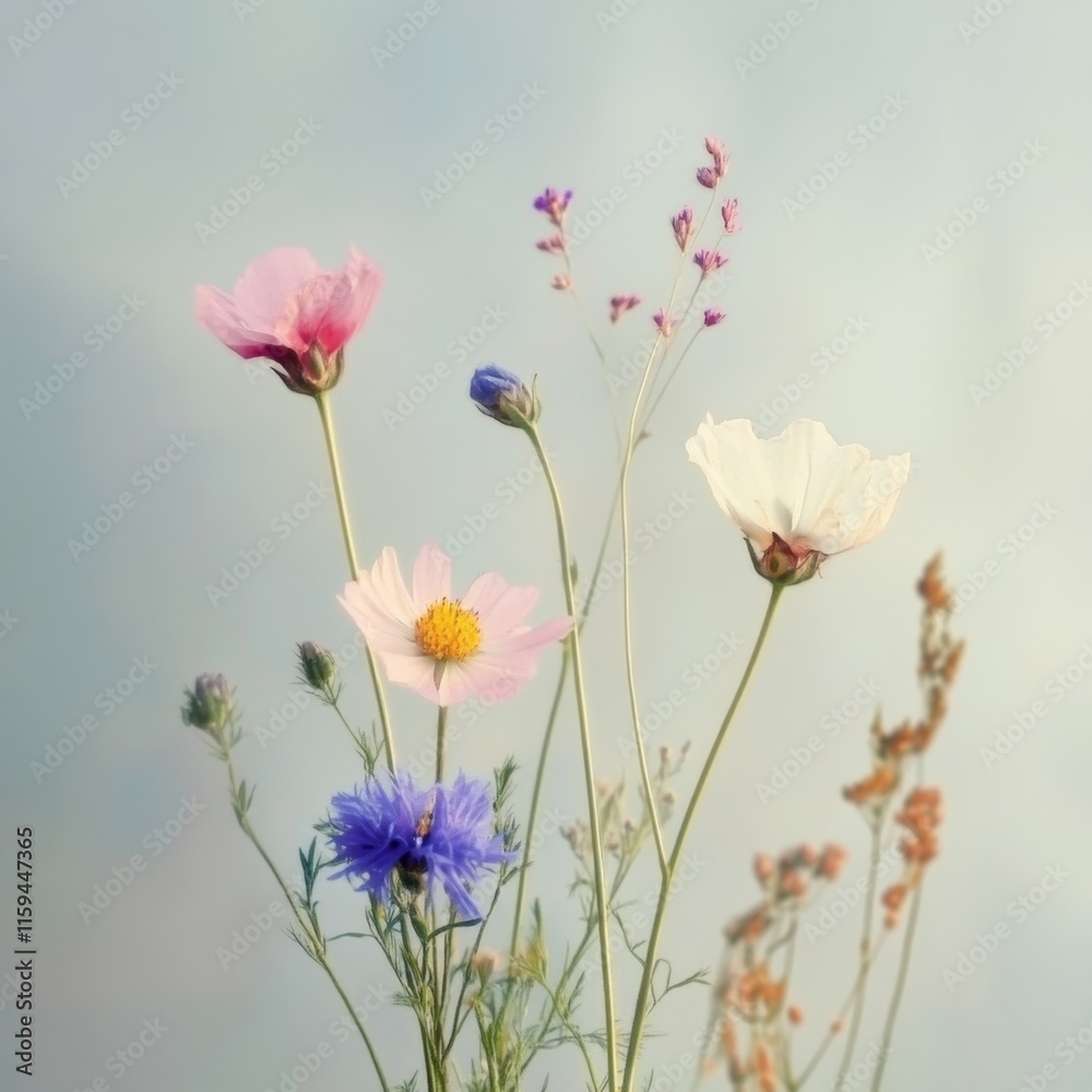 Pastel Wildflowers in Soft Light Meadow Bloom Pastel Wildflowers in Soft Light Meadow Bloom