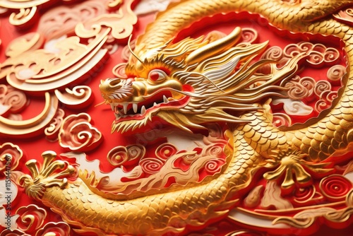 Wallpaper Mural Gold dragon with red wings and a red background. The dragon is surrounded by clouds and has a mouth full of teeth Torontodigital.ca