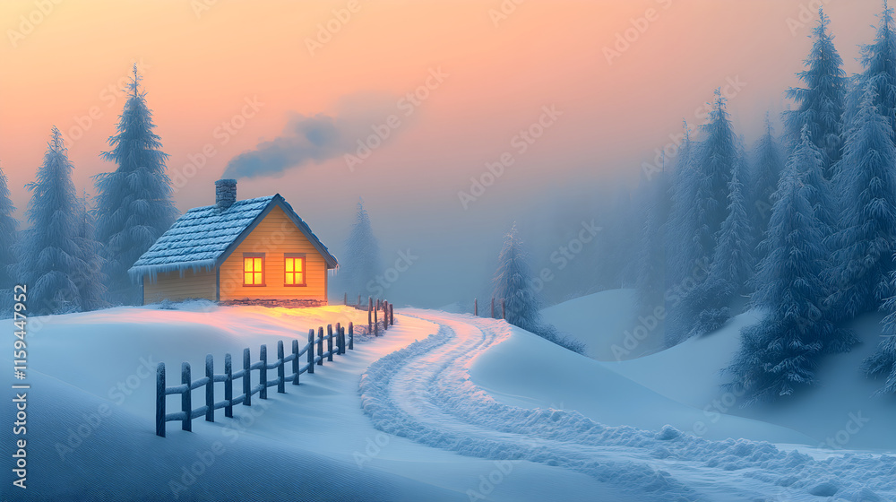 Naklejka premium Serene Winter Wonderland Cabin in Snowy Mountain Forest at Sunset