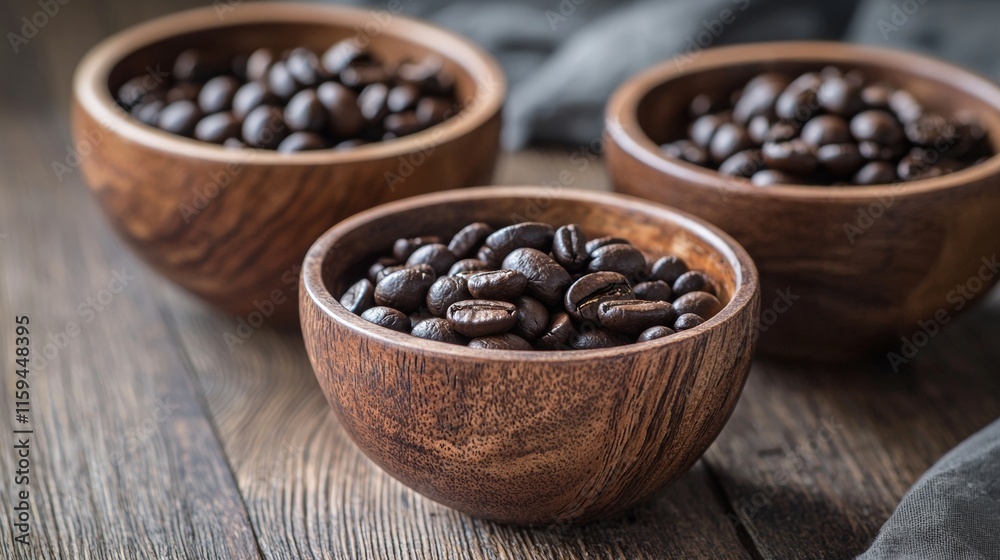 Fototapeta premium Wooden bowls filled with roasted coffee beans