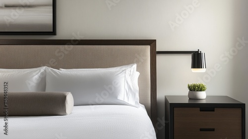 Contemporary minimalist guest room with minimal decor. Featuring clean lines and a welcoming design
