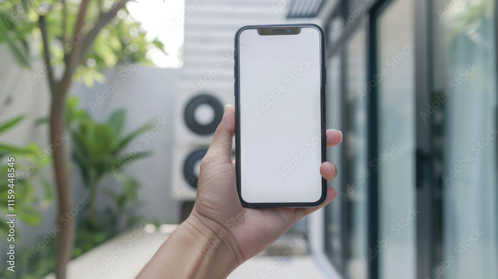 hand holding mobile phone with empty screen in front of air conditioning unit hand holding mobile phone with empty screen in front of air conditioning unit