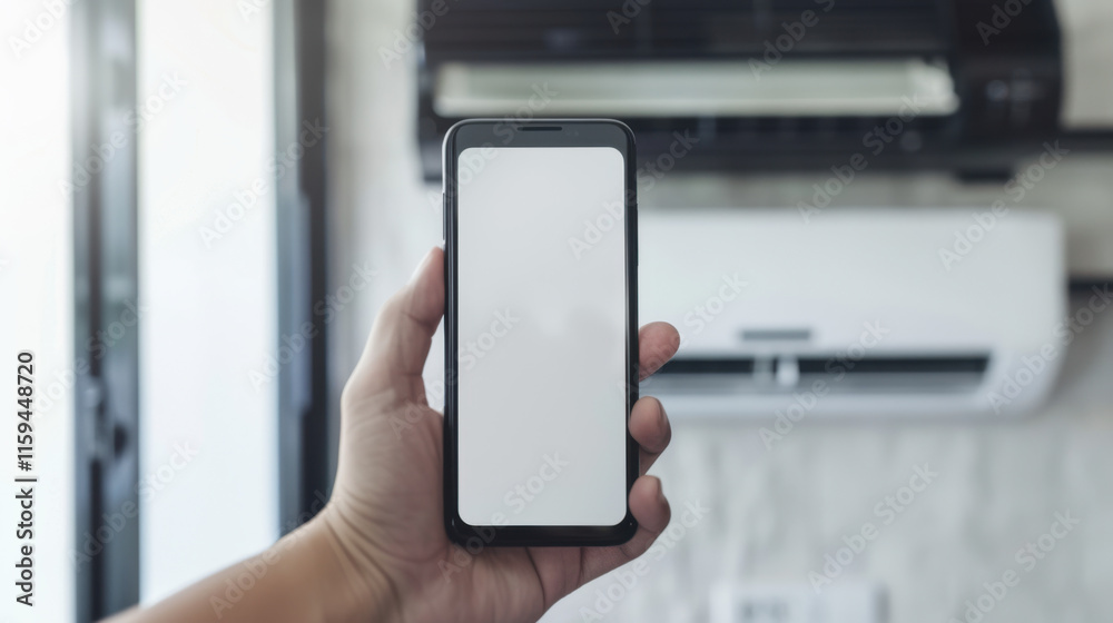 hand holding mobile phone with empty screen in front of air conditioning unit hand holding mobile phone with empty screen in front of air conditioning unit