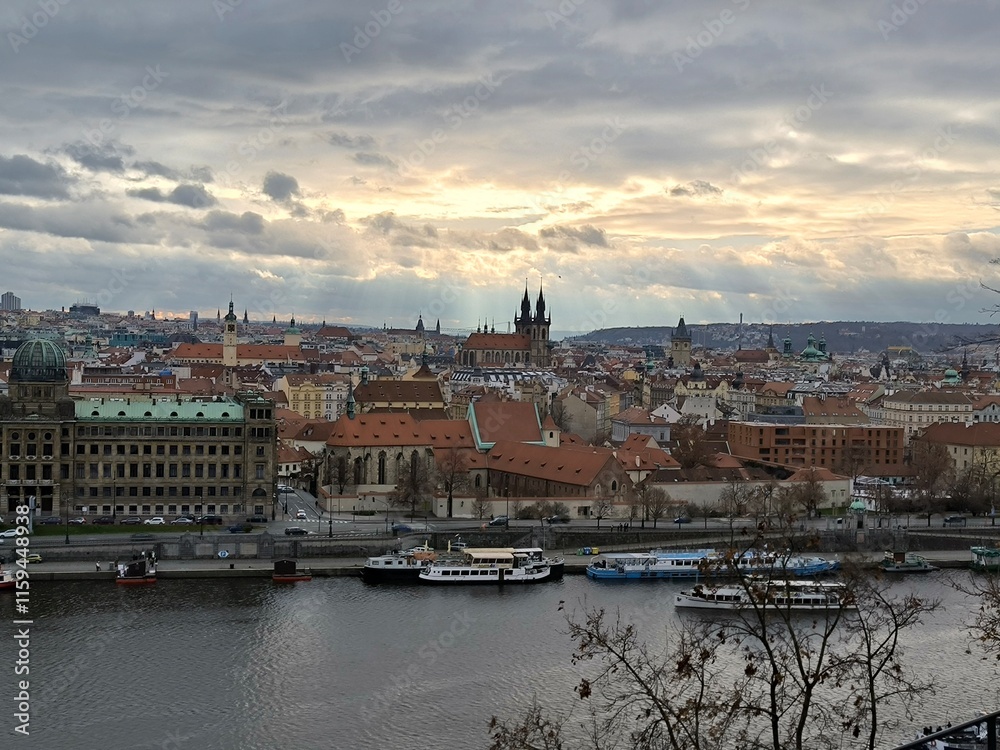 Fototapeta premium Prague in Christmas time, classical view on roofs in central part of city.