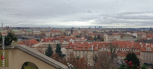 Photography Panoramic view of Prague from the Prague Castle on cold day, Czech Republic