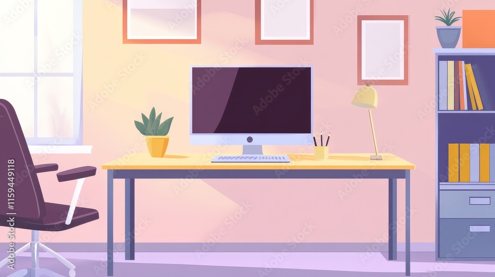 A computer with an empty workstation in a home office for business, remote work, or desk design. Working, being creative, and having a computer table set up for a home-based freelancing job. A computer with an empty workstation in a home office for business, remote work, or desk design. Working, being creative, and having a computer table set up for a home-based freelancing job.