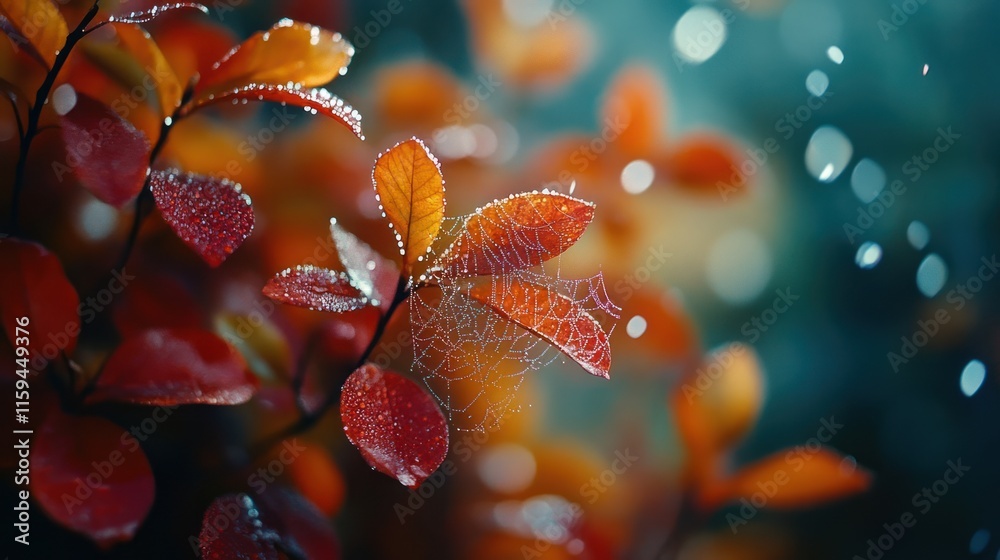 Dew-covered autumn leaves with spiderweb. Dew-covered autumn leaves with spiderweb.