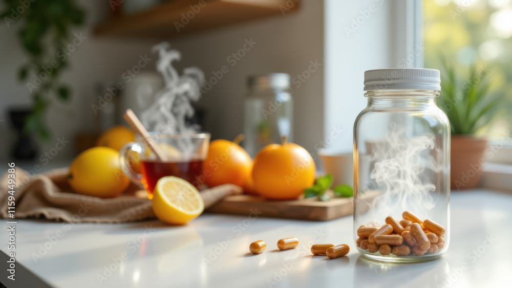 Magnesium supplements in a jar with citrus fruits in background. Magnesium supplements in a jar with citrus fruits in background.
