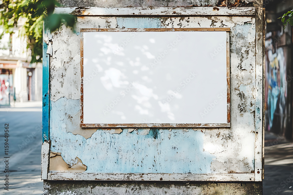 Mockup white in wooden frame on a sidewalk wall, Urban street scene, weathered bulletin board Mockup white in wooden frame on a sidewalk wall, Urban street scene, weathered bulletin board