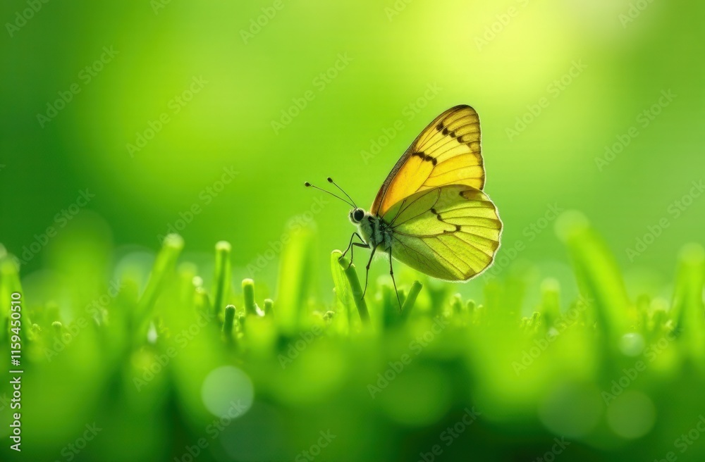 Obraz premium A beautiful yellow butterfly is gently resting on a green leaf among the grass
