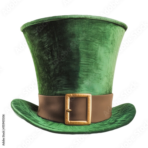 A green hat with a brown strap and a gold buckle