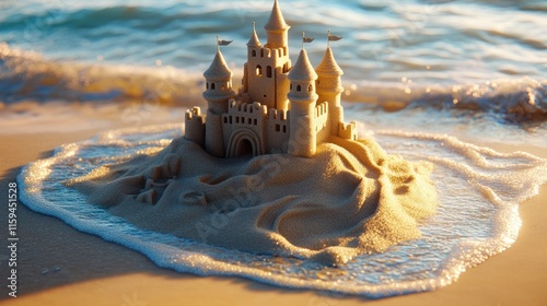 Intricate sandcastle on beach, ocean waves approaching.