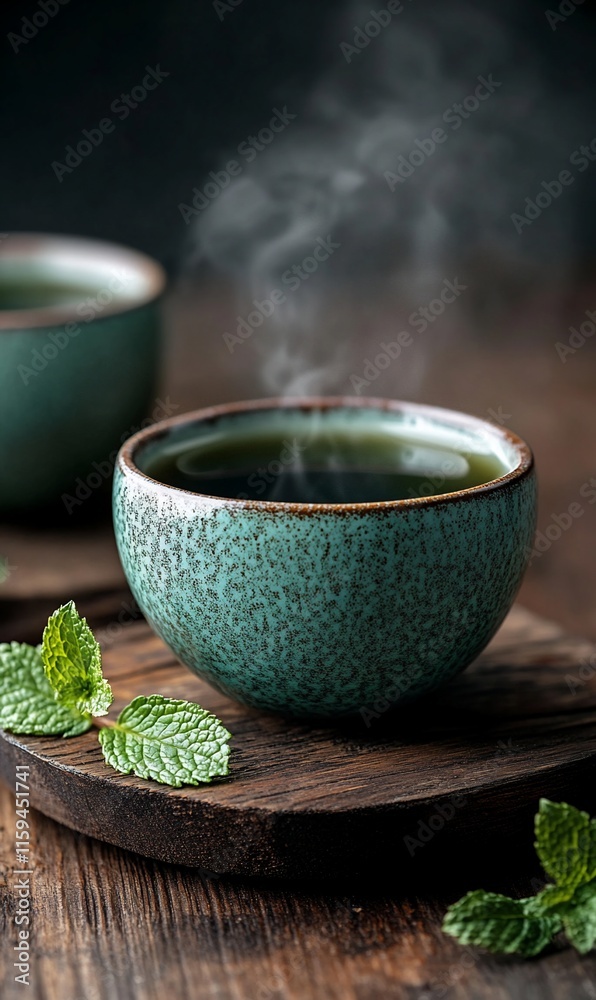 Steaming matcha tea in teal bowl on wood. Steaming matcha tea in teal bowl on wood.