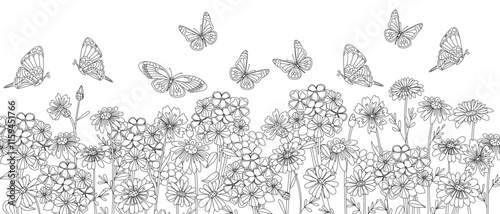 coloring book page for adults and children with panoramic floral field and butterflies