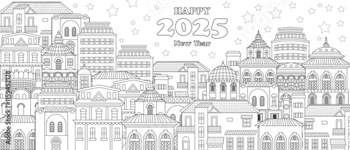 coloring book page for adults and children with panoramic night cityscape. happy new year 2025