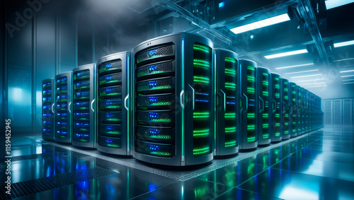 Modern data center with server racks illuminated with blue and green lights