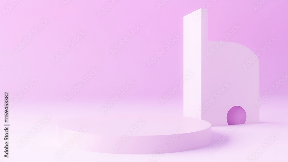 Minimalist 3D render of a pastel pink background with white geometric shapes and a platform for product display. Perfect for showcasing cosmetics, beauty products, or branding. Minimalist 3D render of a pastel pink background with white geometric shapes and a platform for product display. Perfect for showcasing cosmetics, beauty products, or branding.