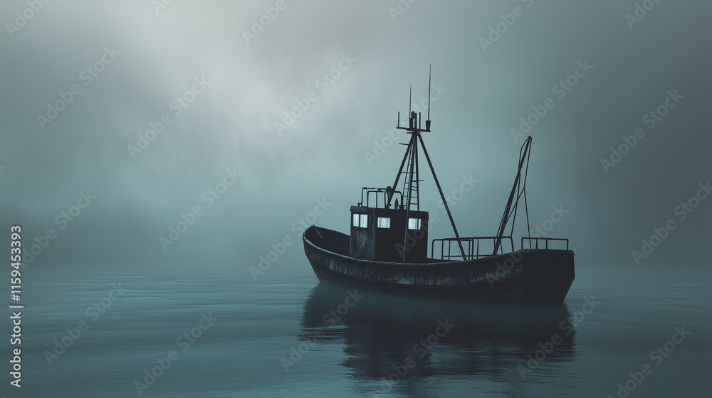 Naklejka premium Lone fishing boat drifts through dense fog on tranquil waters during early morning hours