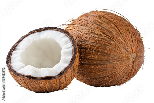 A whole coconut placed beside its halved counterpart with visible texture, isolated on a seamless white background