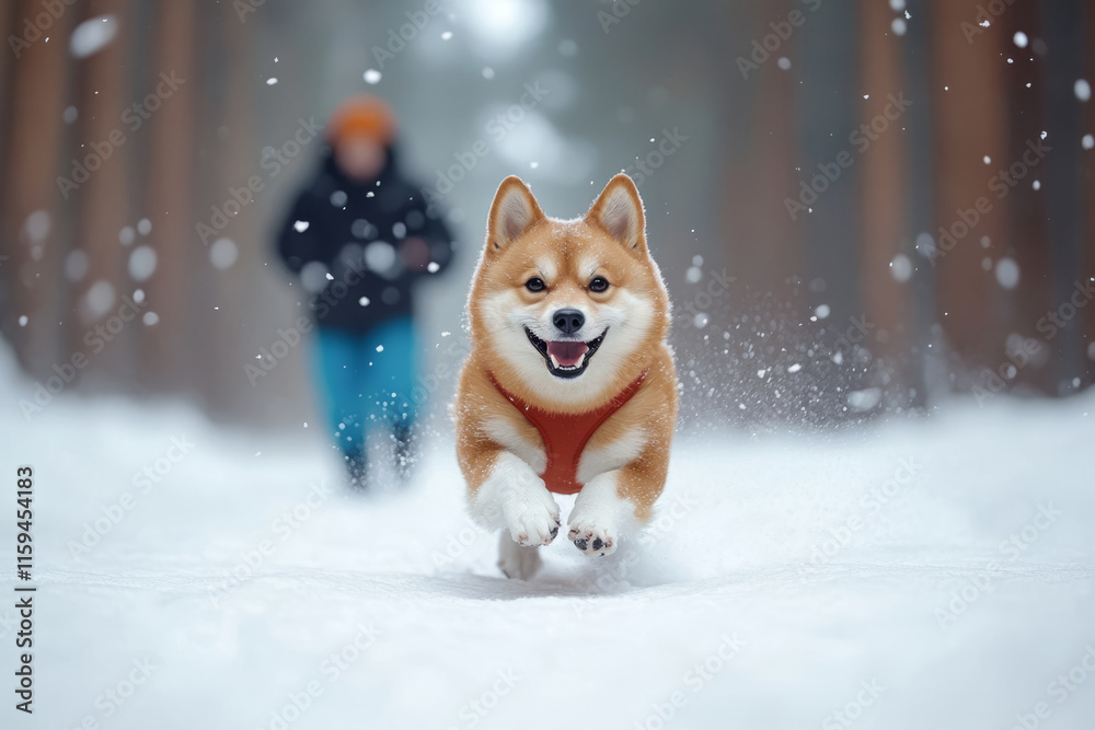 Dog running through a snowy winter landscape with snowflakes falling Dog running through a snowy winter landscape with snowflakes falling