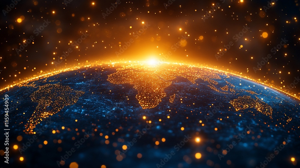 Obraz premium Glowing Earth sunrise, digital world map.
