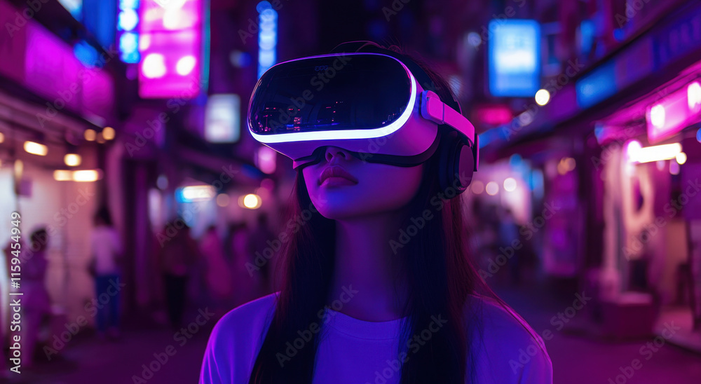 A young woman stands in a bustling city street at night, wearing a virtual reality headset while surrounded by colorful neon signs and dimly lit shops, fully immersed in her experience. A young woman stands in a bustling city street at night, wearing a virtual reality headset while surrounded by colorful neon signs and dimly lit shops, fully immersed in her experience.
