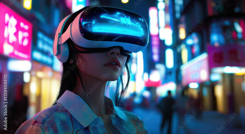A young woman wears a virtual reality headset while standing in a bustling city illuminated by colorful neon signs. She is fully engaged in a digital adventure as night envelops the urban landscape. A young woman wears a virtual reality headset while standing in a bustling city illuminated by colorful neon signs. She is fully engaged in a digital adventure as night envelops the urban landscape.