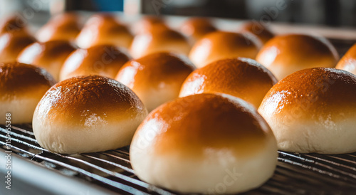 Soft, golden-brown buns are arranged neatly on a wire rack. The bakery is warm, with sunlight illuminating the fresh bread and enhancing its appetizing appearance.