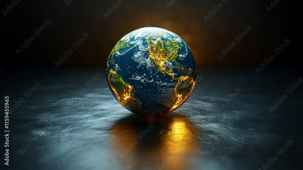Illuminated Earth globe on dark surface. Illuminated Earth globe on dark surface.