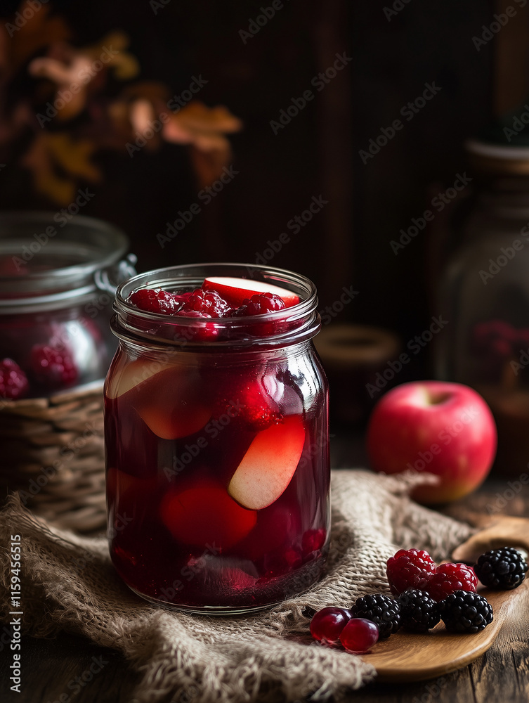 Traditional Eastern European kompot with fresh fruit like apples and berries, served in a glass jar, cozy kitchen setting Traditional Eastern European kompot with fresh fruit like apples and berries, served in a glass jar, cozy kitchen setting