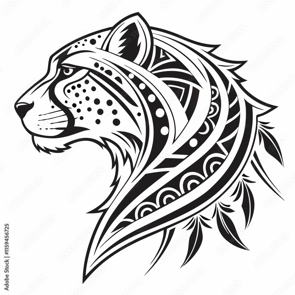 Intricately designed ornamental cheetah face illustration in black and white, showcasing detailed patterns and artistic elegance, perfect for logos, tattoos, or decorative artwork. Intricately designed ornamental cheetah face illustration in black and white, showcasing detailed patterns and artistic elegance, perfect for logos, tattoos, or decorative artwork.