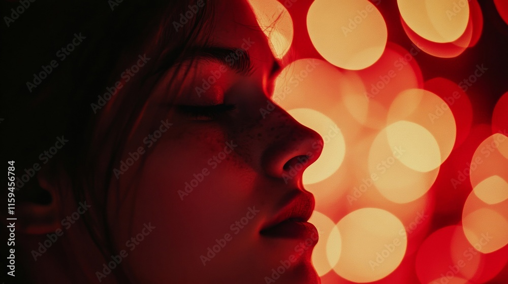 Red Light Portrait Of A Woman With Closed Eyes Red Light Portrait Of A Woman With Closed Eyes