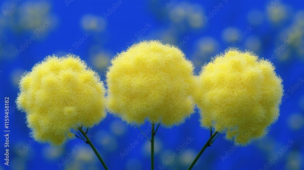 Three Fluffy Yellow Flowers Against Blue Background Three Fluffy Yellow Flowers Against Blue Background
