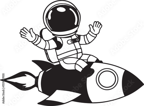 Cute Astronaut Riding Rocket And Waving Hand Cartoon Icon Illustration. Science Technology Icon Concept